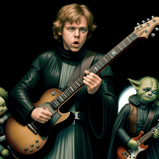 AI generated: Luke skywalker playing guitar. Darth vader playing drums. Leia is singing. Yoda is playing the secon...