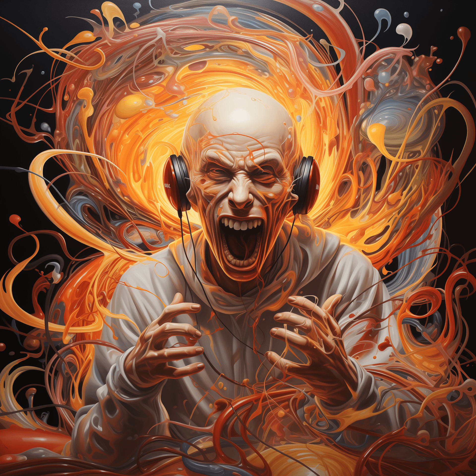 AI generated: a man with headphones, his face contorted in an ecstatic scream, as a vibrant and chaotic burst of o...