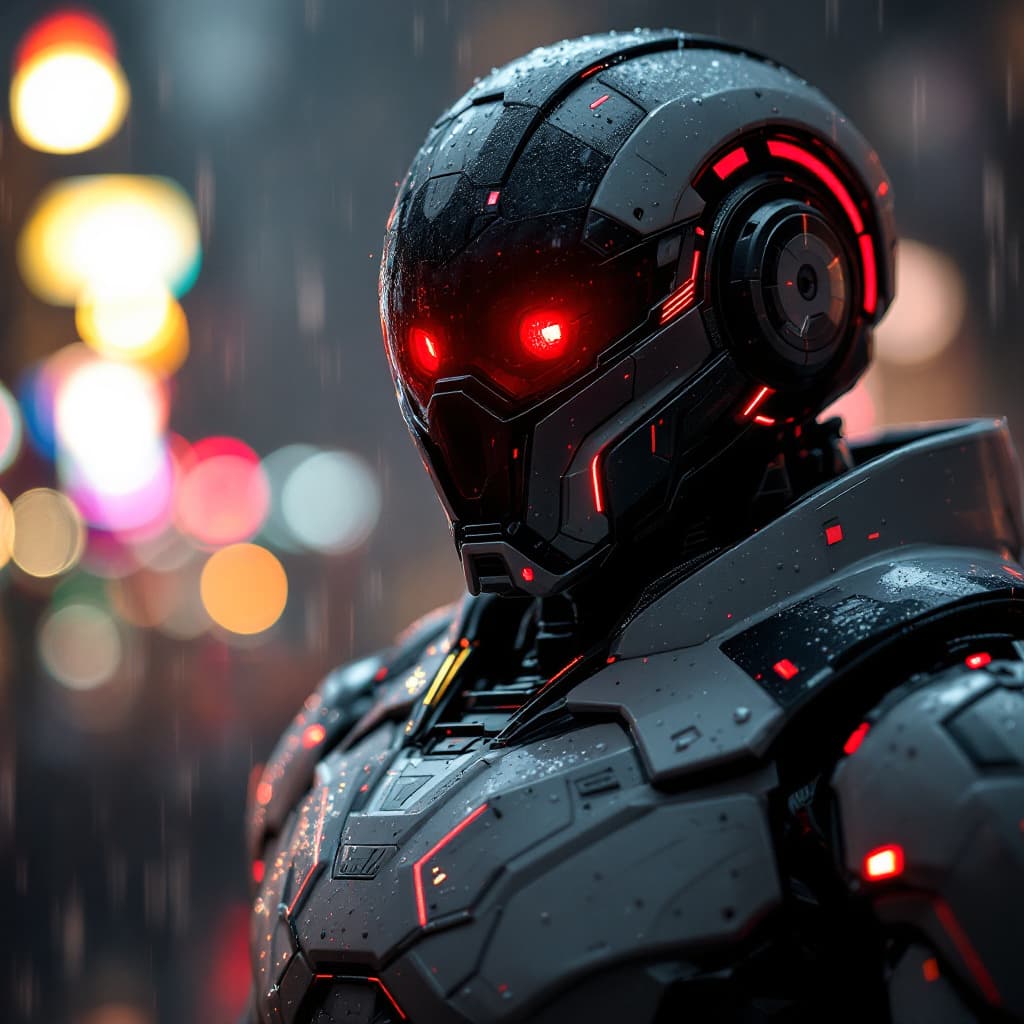 AI generated: the photo shows a close-up of a humanoid robot or person in an advanced suit of armor. The design is...