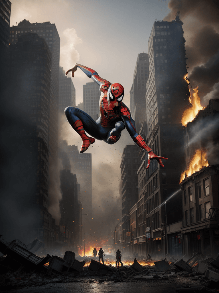 AI generated: Realism, toys photography, toys, Spider-Man, marvel, full body, full, background of destroyed city o...
