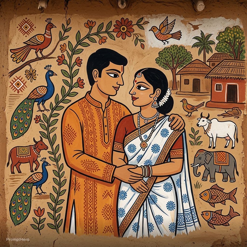AI generated: Using the exact couple from the reference photo as the subjects, create an original Sohrai Painting-...