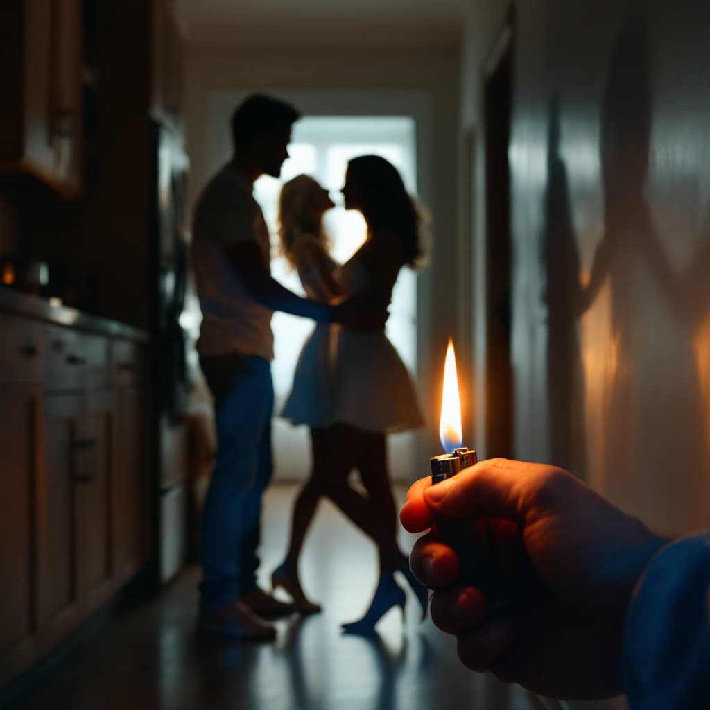 AI generated: Foreground Scene: A couple dancing intimately through a dimly lit kitchen and down a hallway, their ...