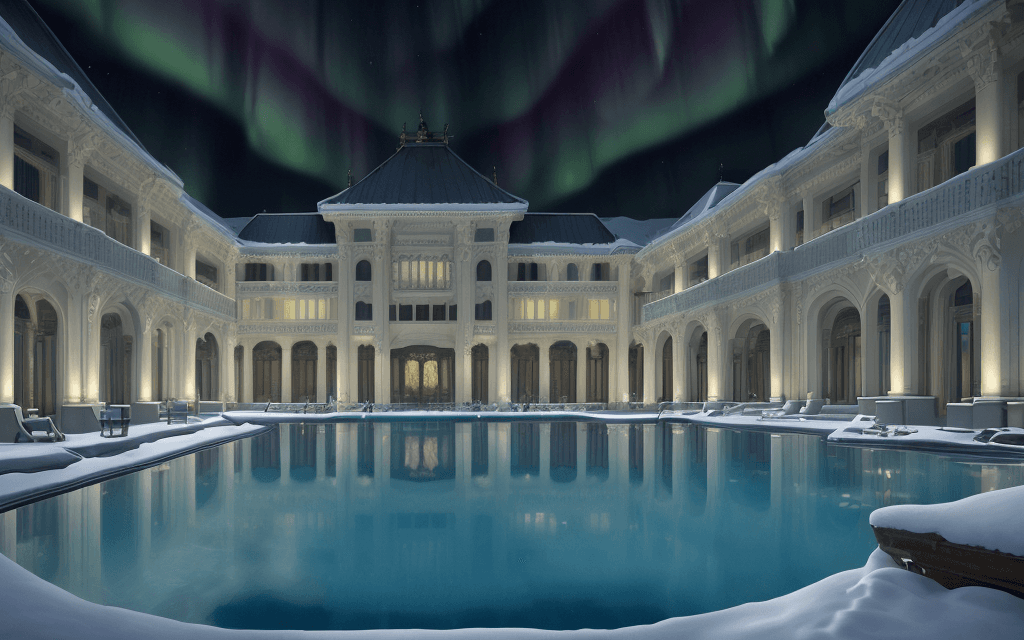 AI generated: snow weather, aurora ,delight night ,a large building with a pool in front of it, ornate retreat, br...