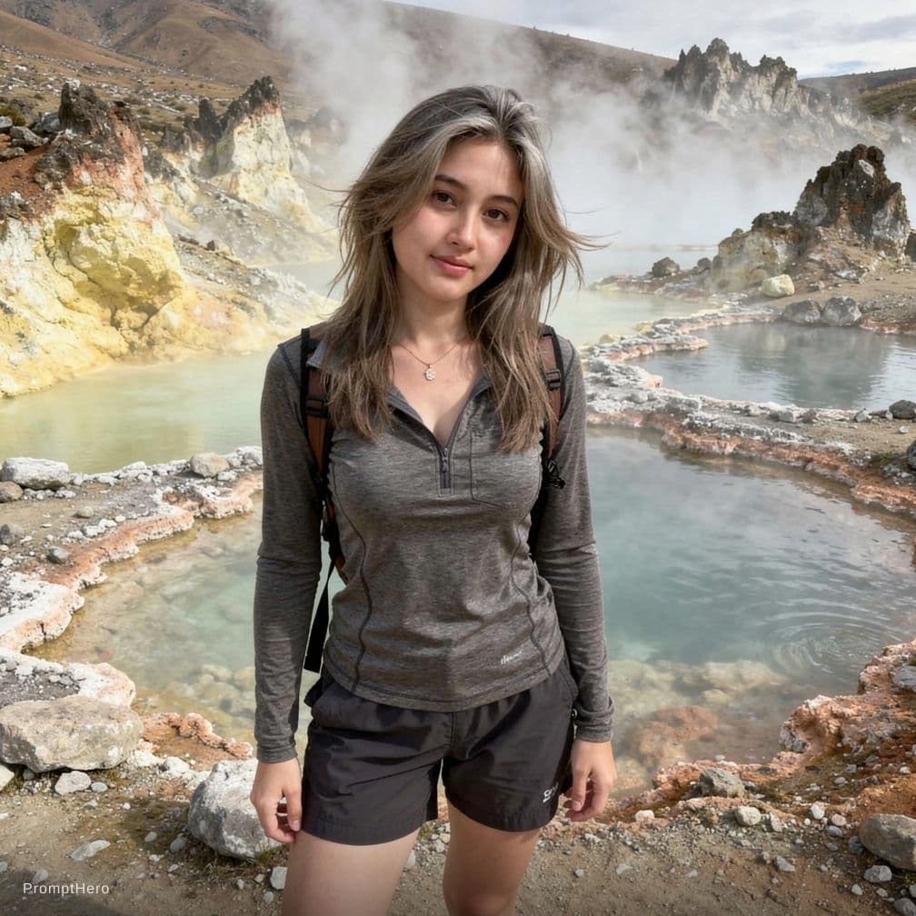 AI generated: A candid documentary photograph of a young female with ash-brown hair tousled by the wind, long laye...