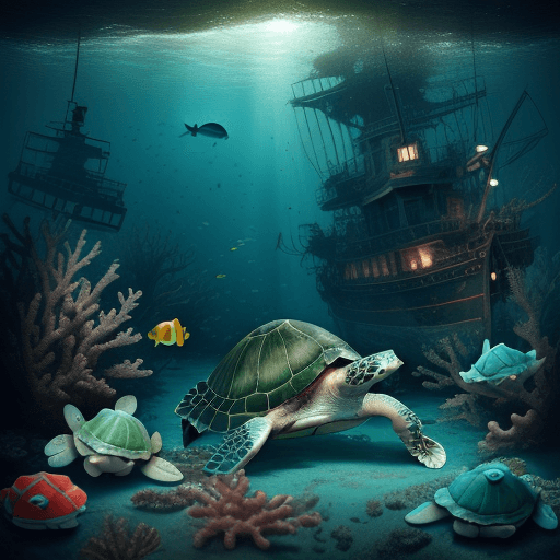 AI generated: a deeper dreamy boat wreck, baby green turtles, fishes, carribean sea, hyper realistic and hyper foc...