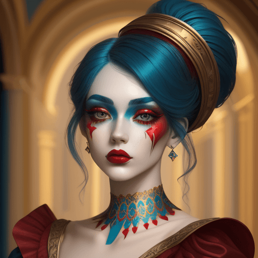 AI generated: beautiful red, blue and gold makeup on a woman, in the style of venetian scenes, hyperrealistic scul...