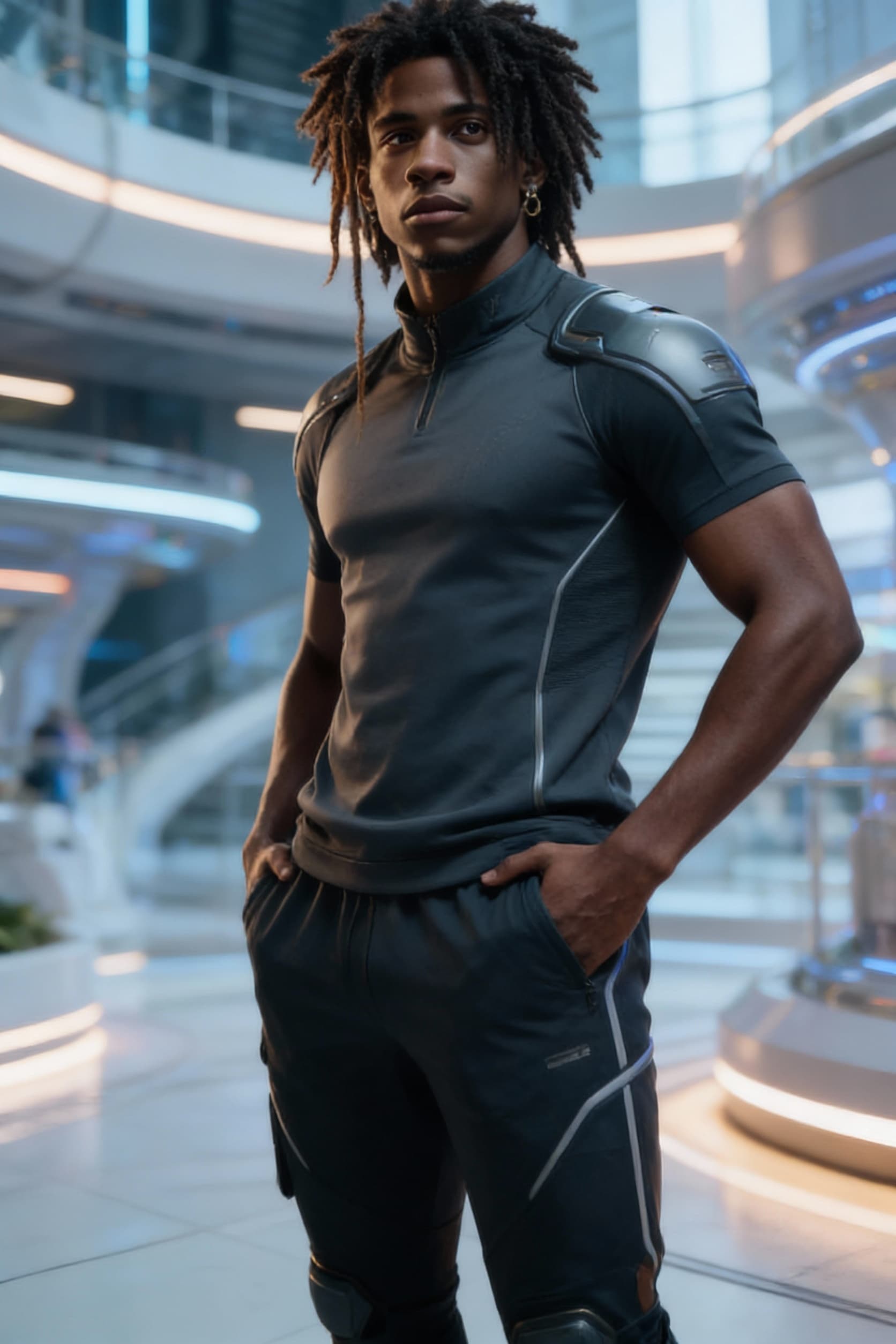 AI generated: Create a new image of the reference character: this AI Black male (Izuku) character operative, Aethe...