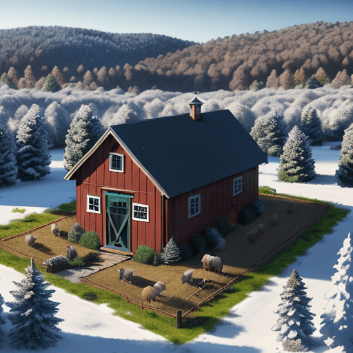 AI generated: hyperrealistic farm bird view of small house. winter colours. pine trees. oak tree