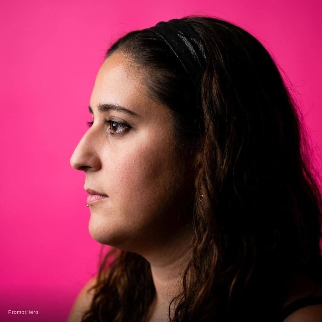 AI generated: photography, portrait of contrast, profile silhouette of a woman, vibrant hot pink backdrop, visuali...