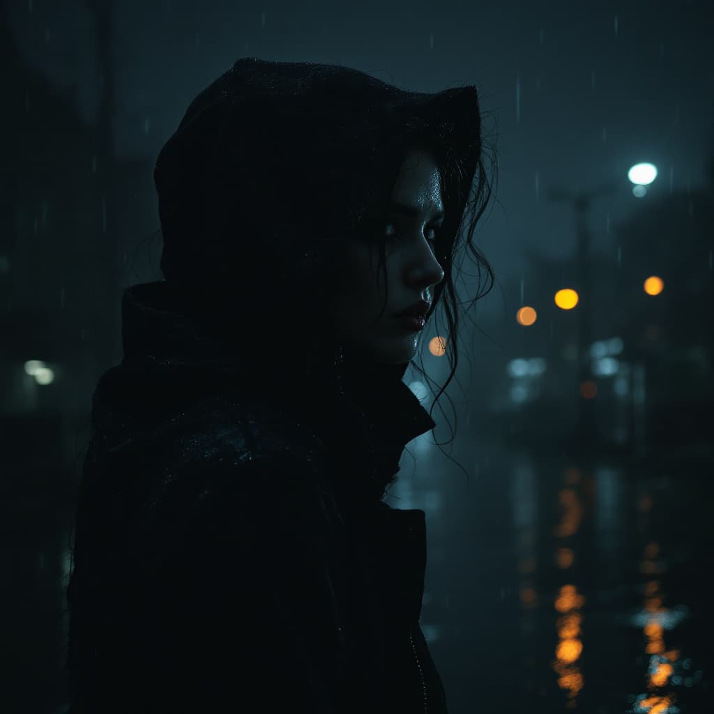 AI generated: woman with bad intention, alone in the darkness, rainy night