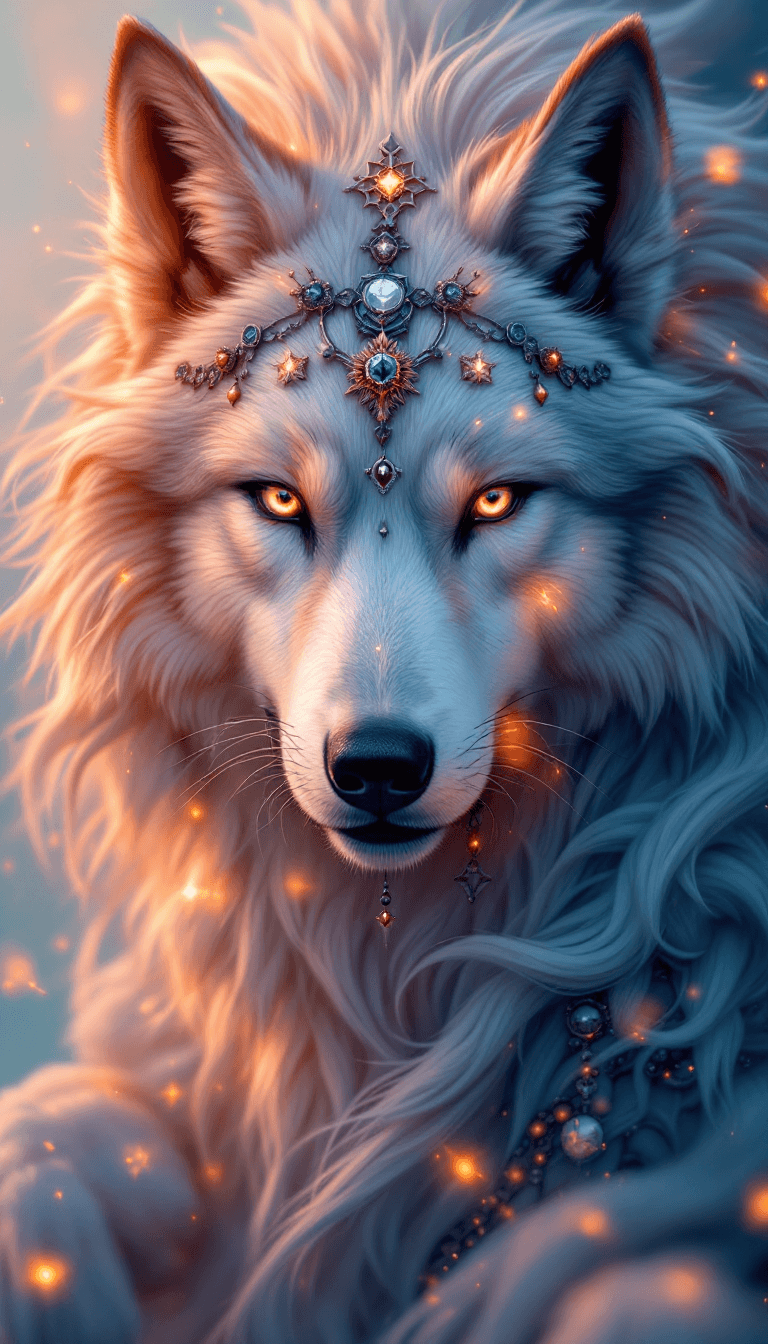 AI generated: Face of a fantasy angel wolf in heaven, many accessories, detailled, face