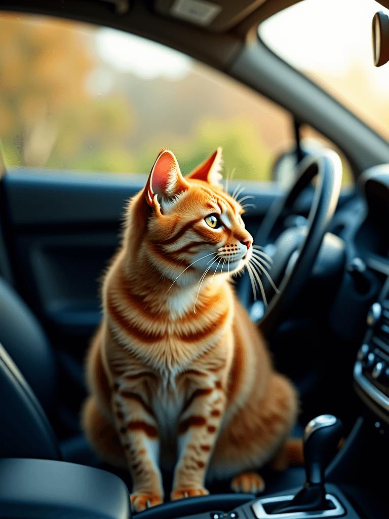 AI generated: An orange tabby cat sitting between the front seats of a car, captured in a realistic photo style. T...