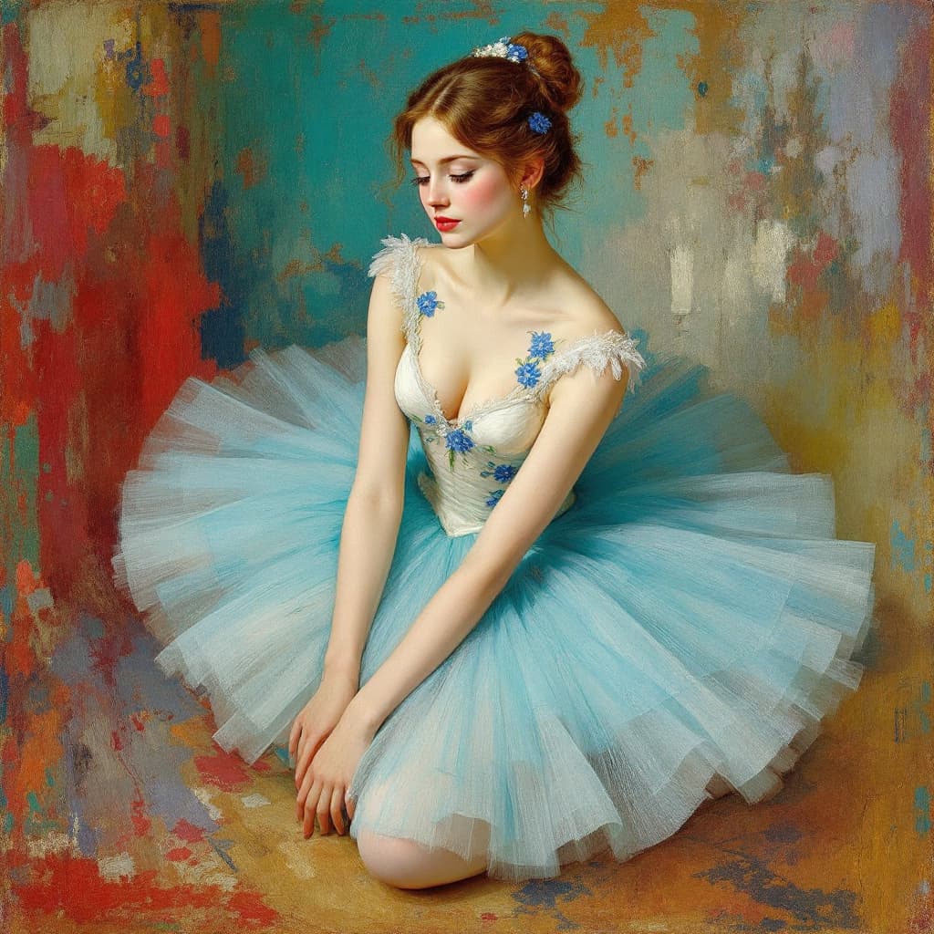 AI generated: painting of a beautiful ballerina, dressed in a white bodice embroidered with blue flowers and a tur...