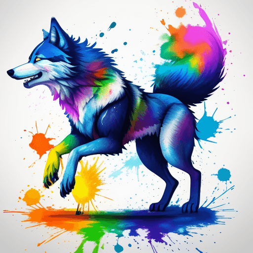AI generated: tshirt design, colourful, no background, wolf, dancing at a festival, ink splash, 8k