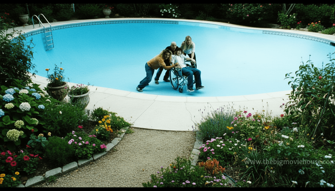AI generated: change the camera angle so the photograph is taken from a garden outside the pool