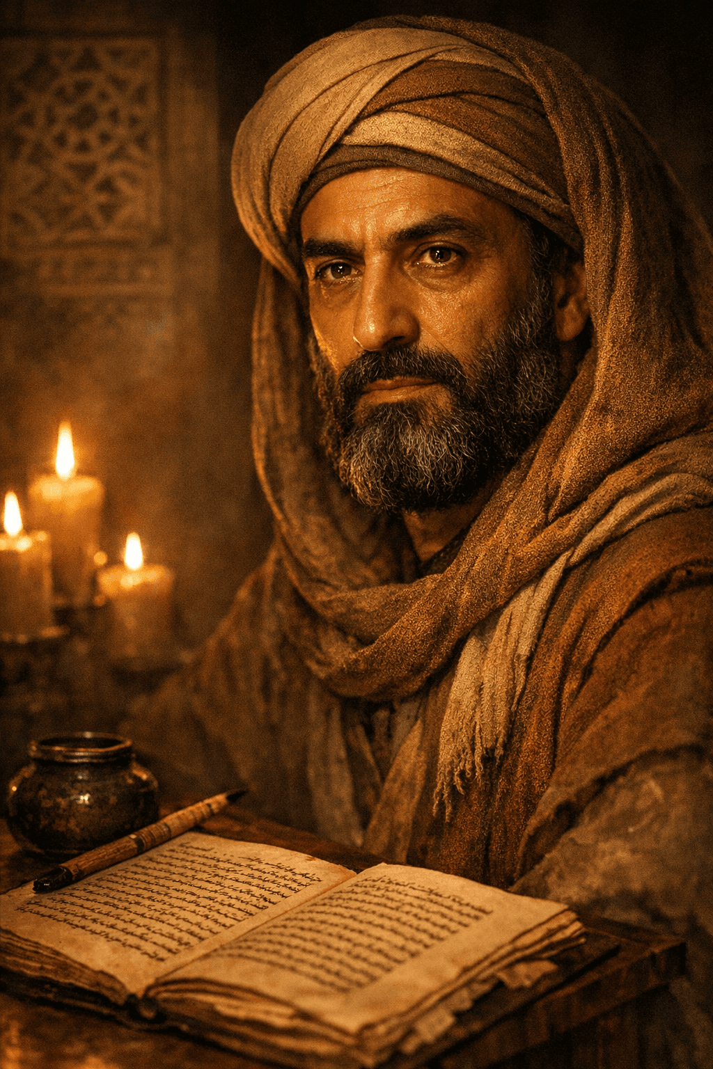 AI generated: Hyper-realistic cinematic close-up portrait of Ibn Khaldun (Ibn Jaldún), 14th-century Arab historian...