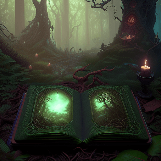 AI generated: mdjrny-v4 style, magic spell book sitting on a table in the dark forest, hypermaximalist, insanely d...