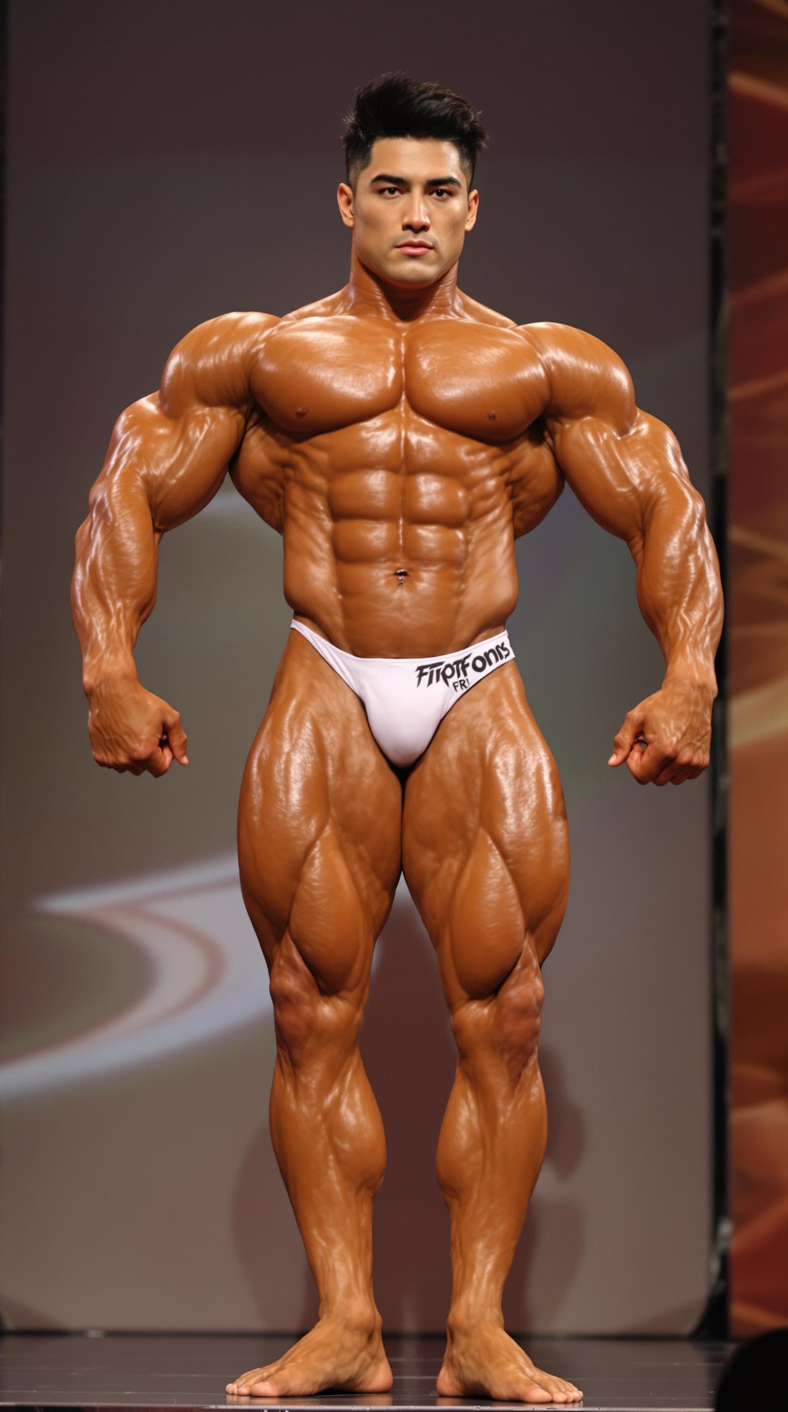 AI generated: A massive, ultra-muscular, handsome Korean IFBB pro bodybuilder in the heavyweight Classic Bodybuild...