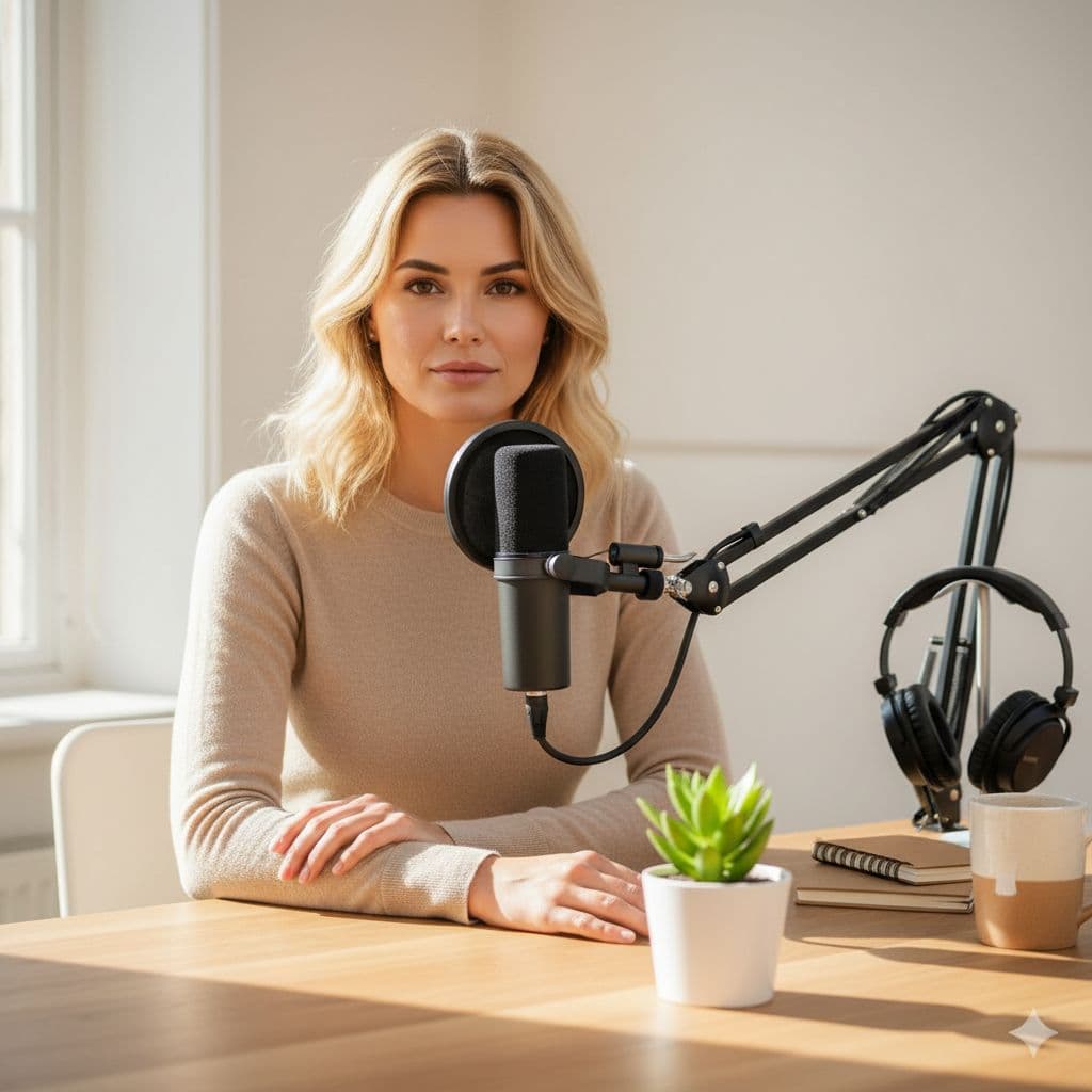 AI generated: Ultra-realistic podcast setup with a stylish woman seated at a wooden table, minimalist decor with a...
