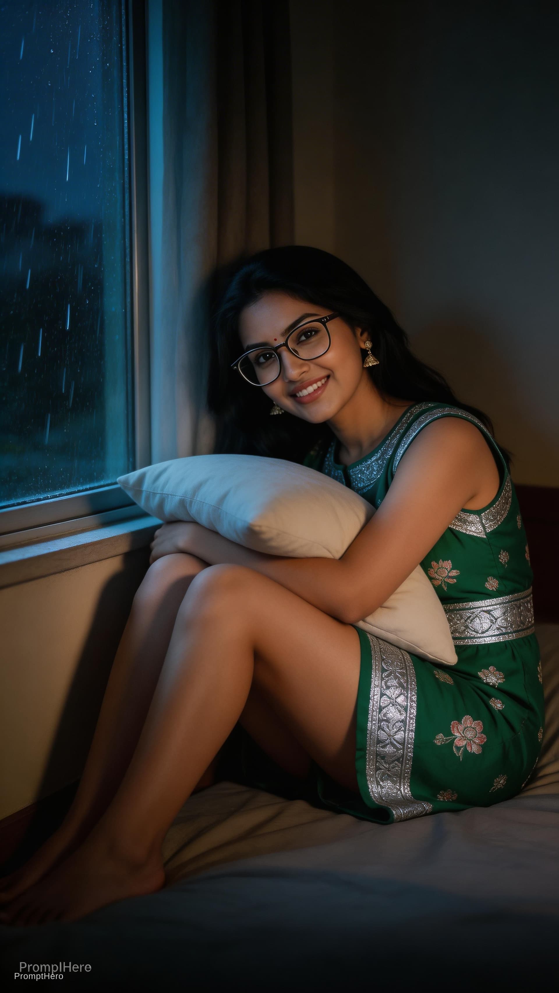 AI generated: Monsoon late night rain scene, window half open with rain sound coming inside. The woman including s...