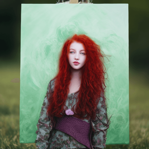 AI generated: red hair, purple eyes, curly hair, girl, european face, green dress, realistic art