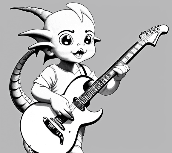 AI generated: cartoon baby dragon playing with a guitar with  only the lines so i can paint it and fit the canvas ...