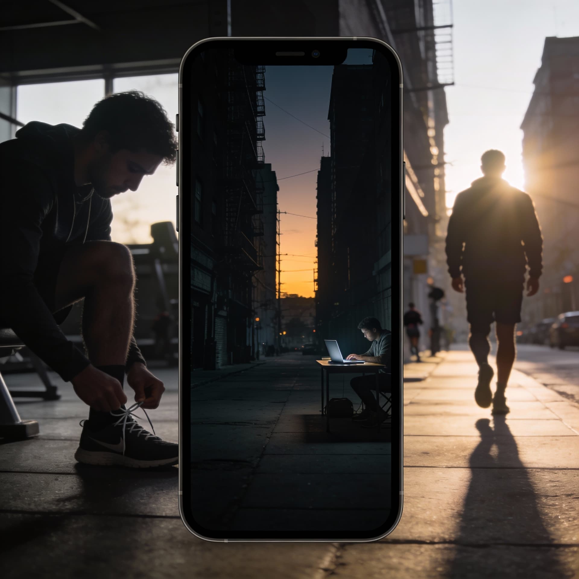 AI generated: A cinematic motivational short film, 15 seconds, vertical 9:16. A lone person wakes up before sunris...