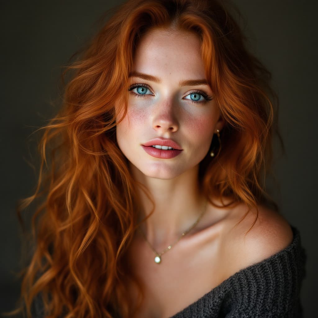 AI generated: A 32-year-old Irish woman with pale freckled skin and long fiery red hair in loose curls, wearing an...