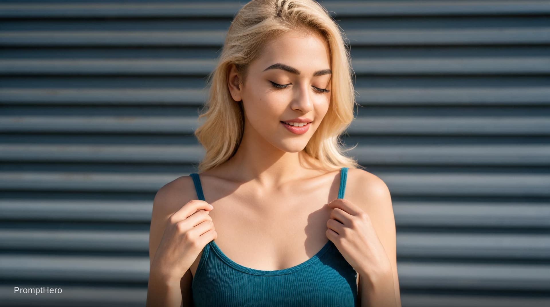 AI generated: A photorealistic portrait of a woman with soft blonde hair styled in loose waves, swept back from he...