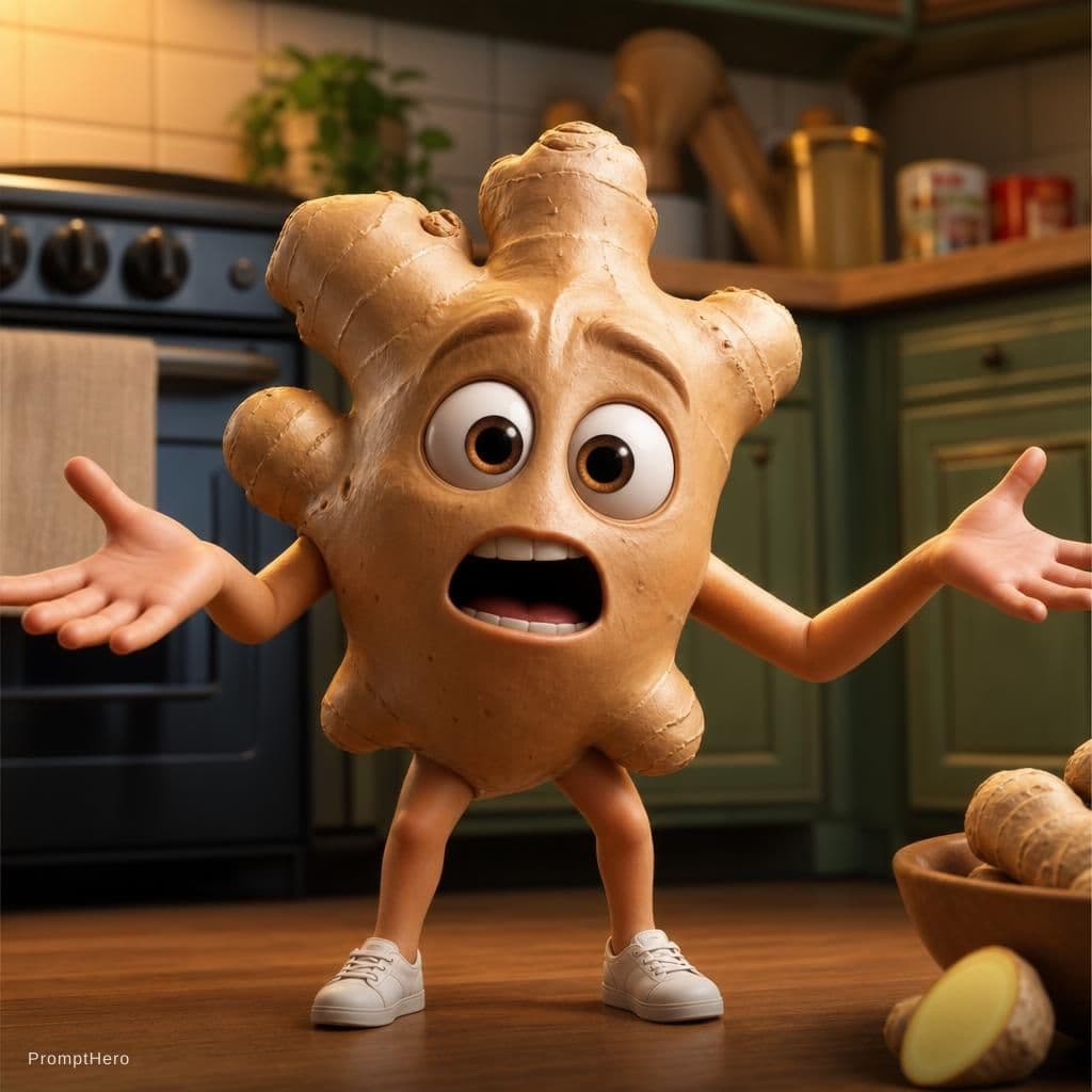 AI generated: Cute ginger character with human hands and legs, talking emotionally in kitchen, funny face expressi...
