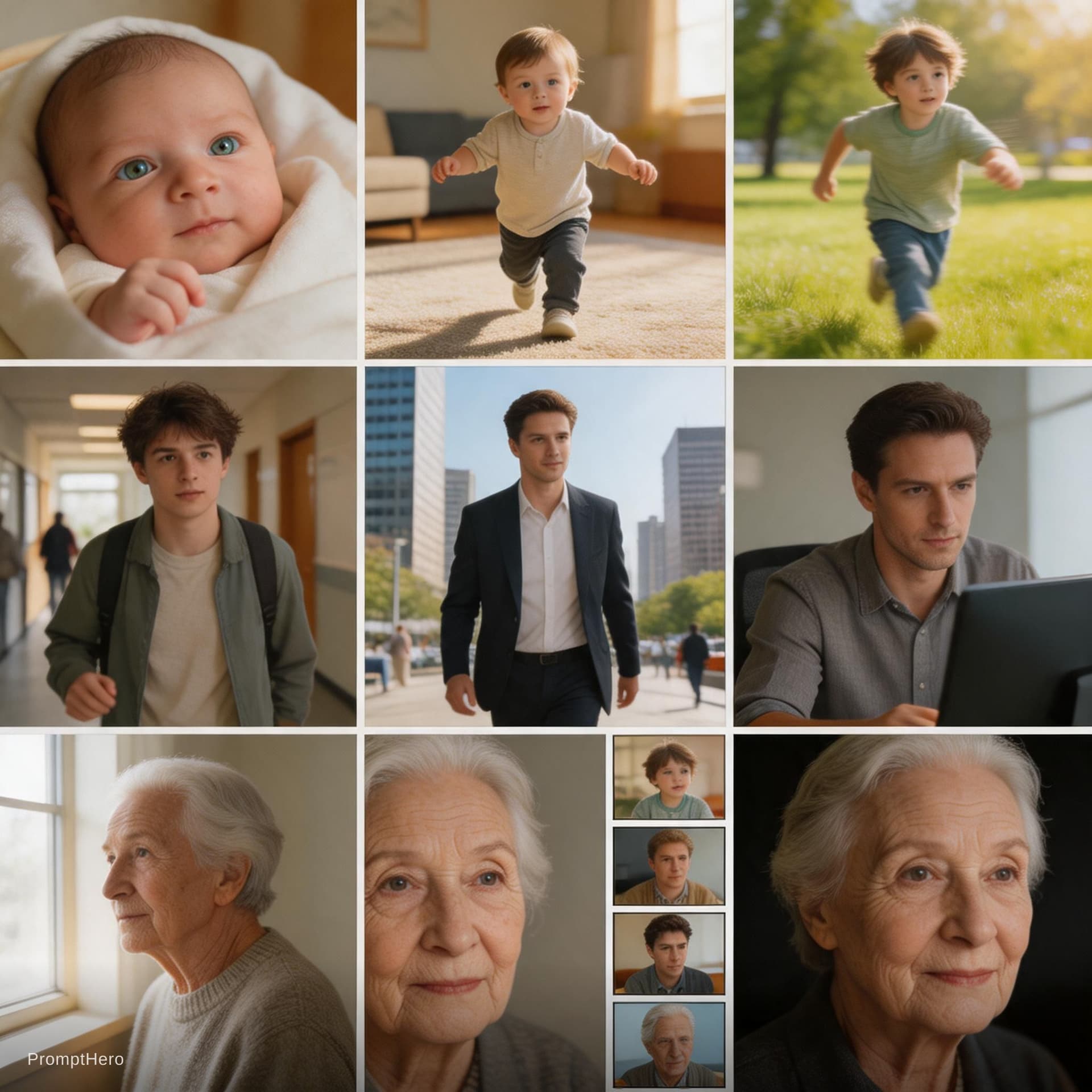 AI generated: 15s fast-paced cinematic montage, single consistent character across all ages, rapid cuts, strong id...