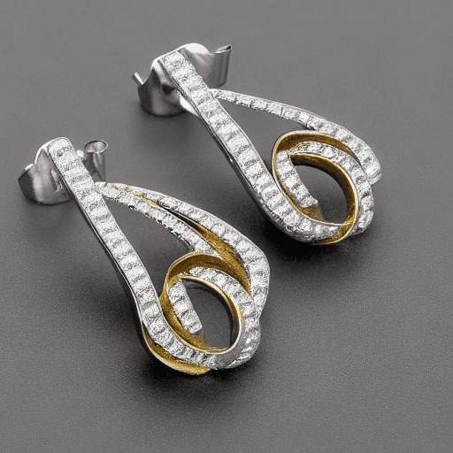 AI generated: create a Diamond earring in modern clean design having silver and gold diamonds , 8k