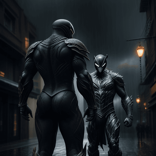 AI generated: Two man someone tall other medium size friends fighter character with symbiote ancient armor, dark a...