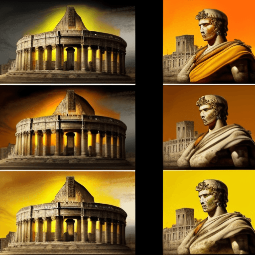 AI generated: Composition four images about ancient Rome. The colors are yellow, red, orange, black. You can use p...