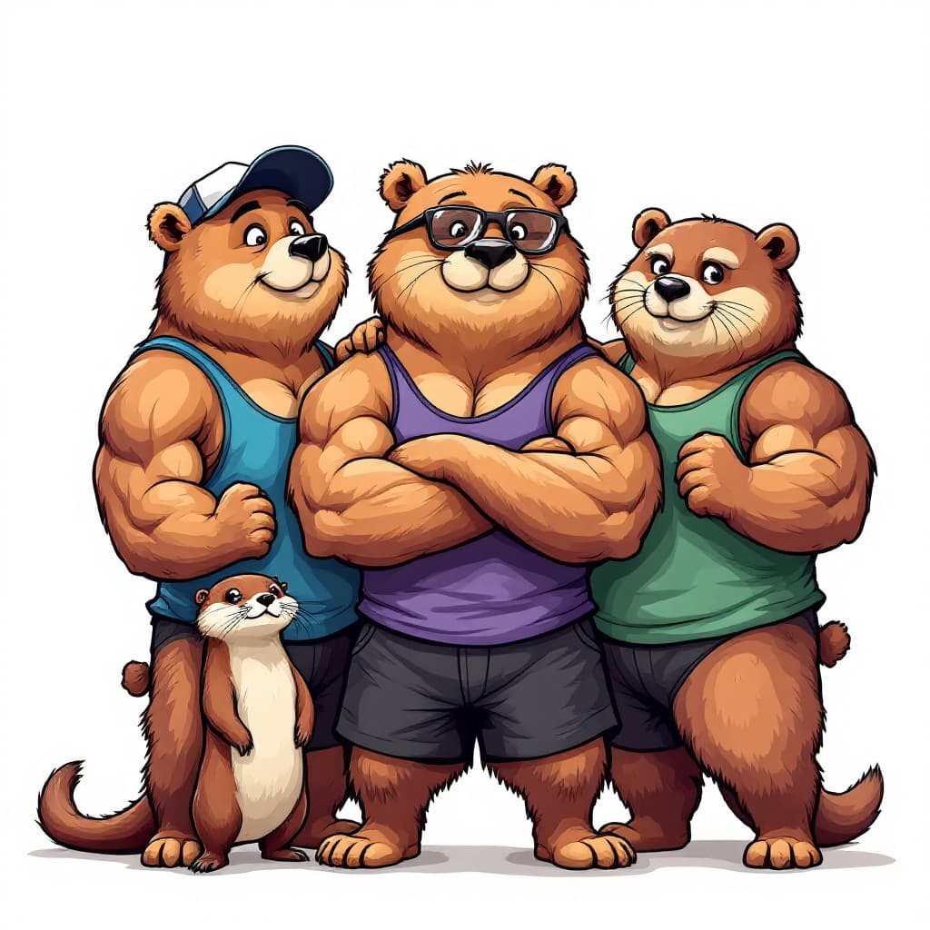AI generated: Cute Cartoon. Full body shot. White background. 2 male muscle bears and 1 country otter, middle bear...