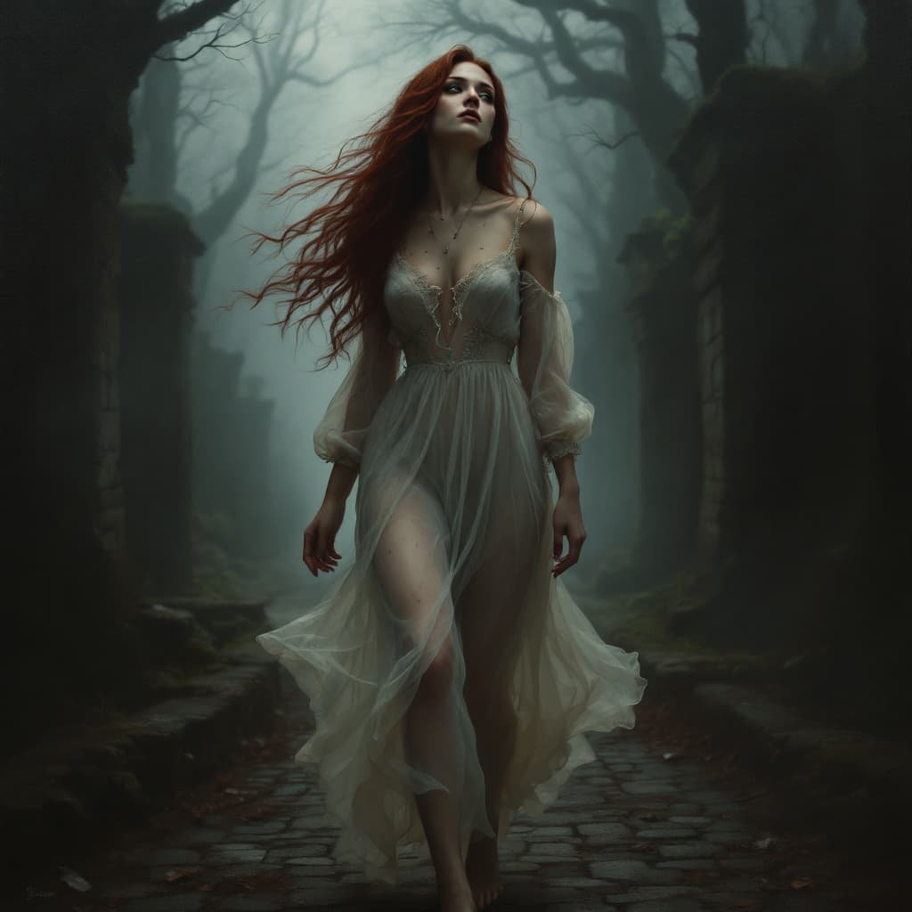 AI generated: Create a hauntingly beautiful oil painting masterpiece of a woman with burgundy hair and ivory skin ...