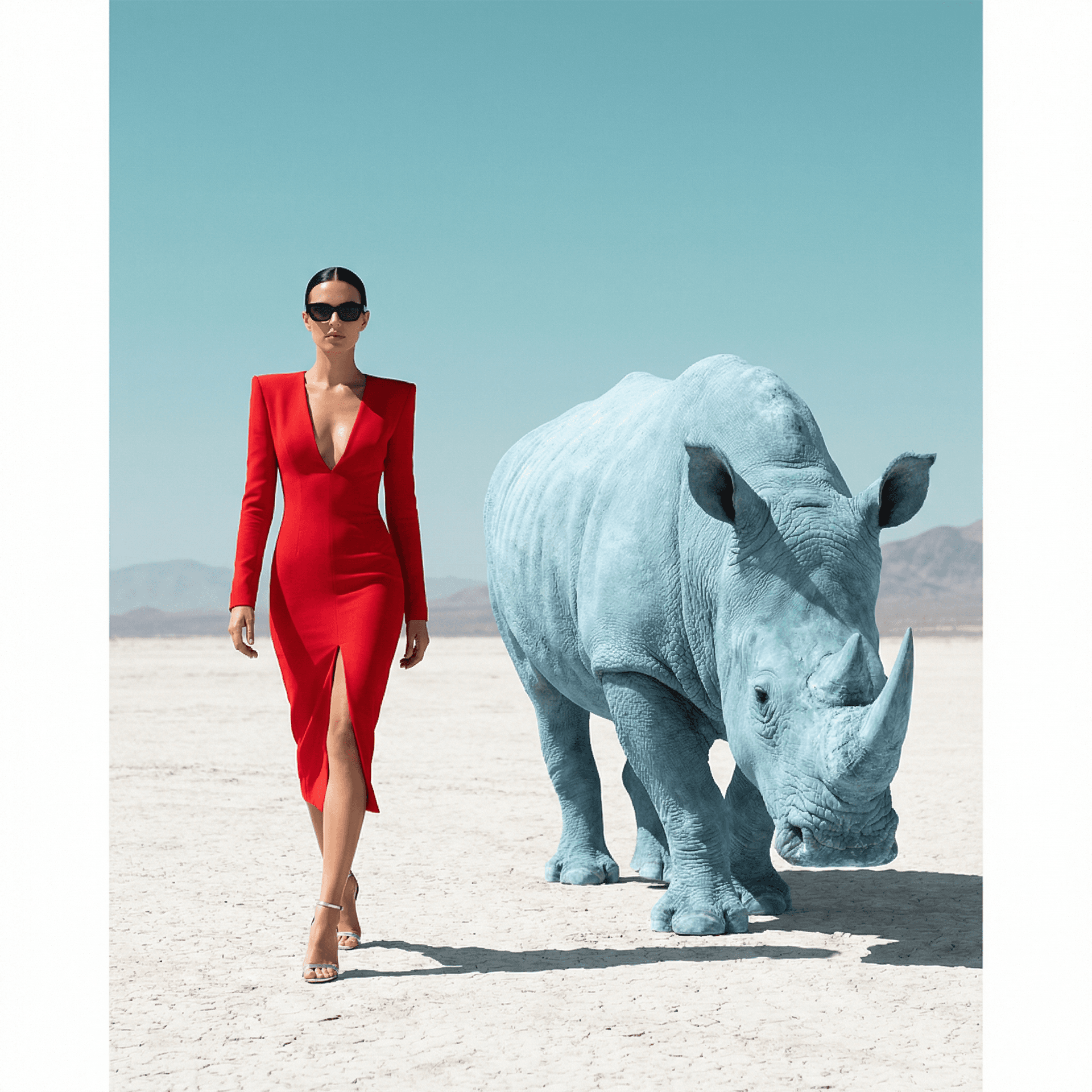AI generated: {
  "scene": {
    "type": "editorial fashion surrealism",
    "location": "barren white desert with...