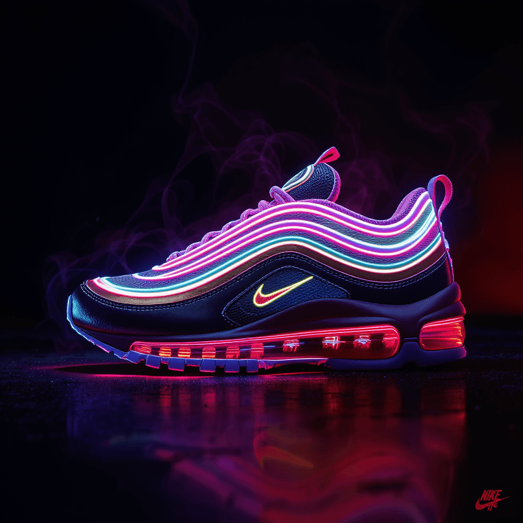 AI generated: neon art, side view, Airmax 97, vibrant color lights, dark atmosphere, 16K, hyper realistic, rich de...