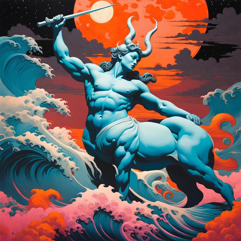 AI generated: Chiron Mythical Centaur runs through ocean beach By James Jean, Jean Baptiste Monge, Jeremy Mann in ...