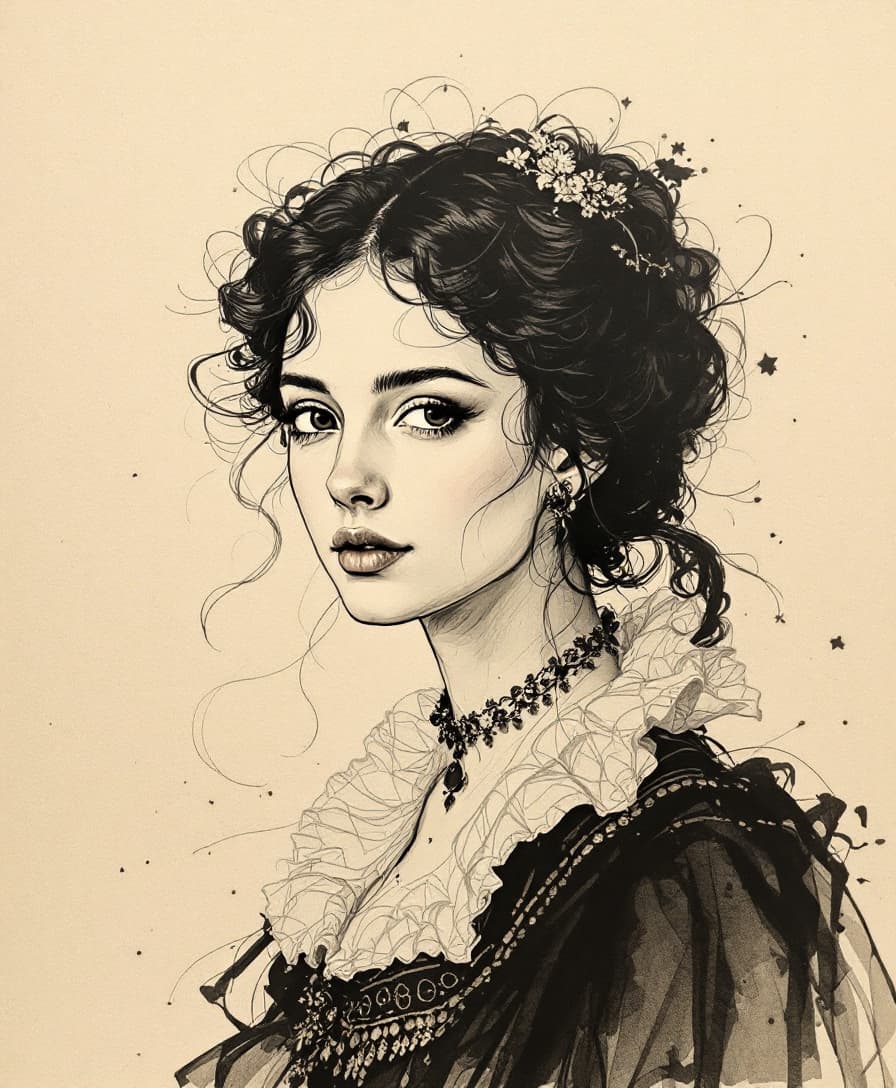 AI generated: pen painting, portrait of a woman, delicate ink lines, meticulous precision, in the style of the 17t...