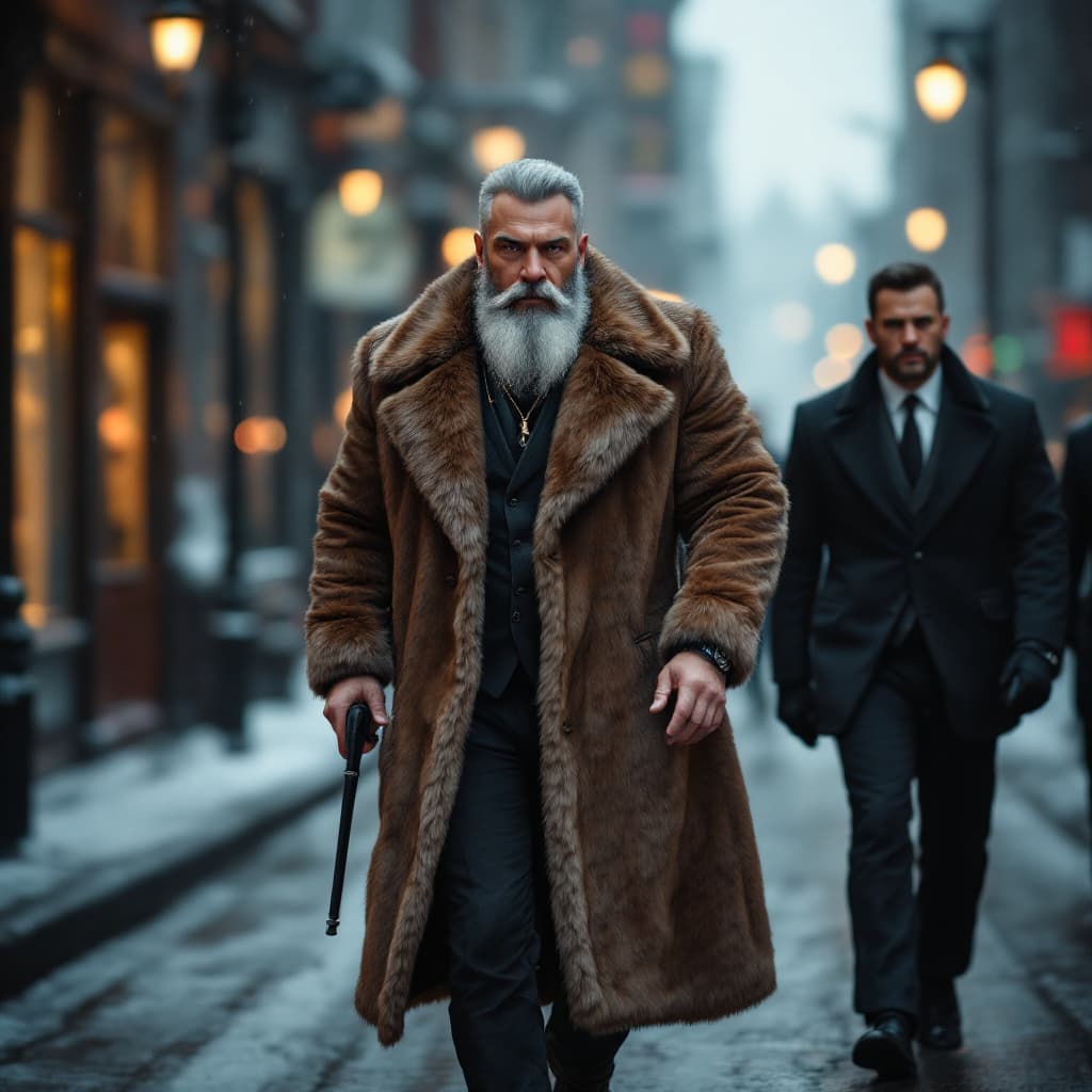 AI generated: A bearded, muscular and rich man in winter dressed in furs walks along a wide street, accompanied by...