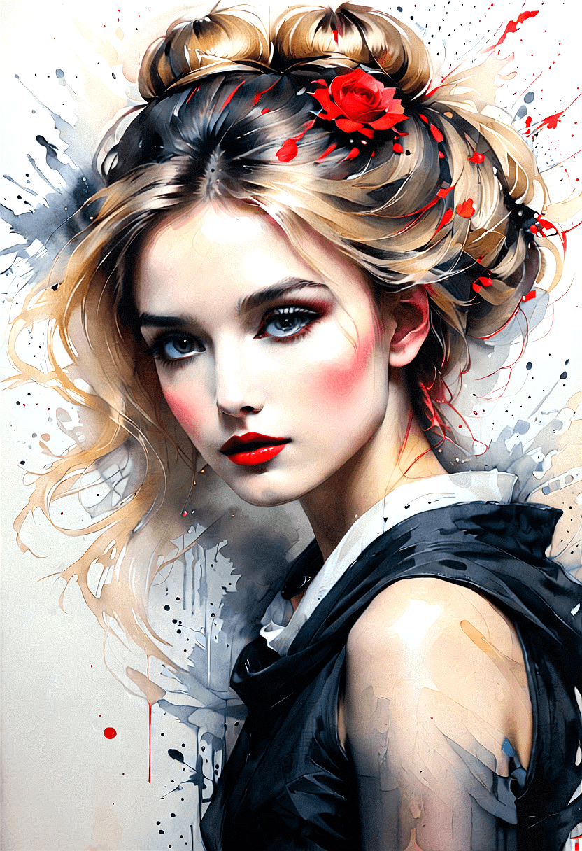 AI generated: The image features color painting of a woman with blonde hair, wearing a black dress, and a red lip....
