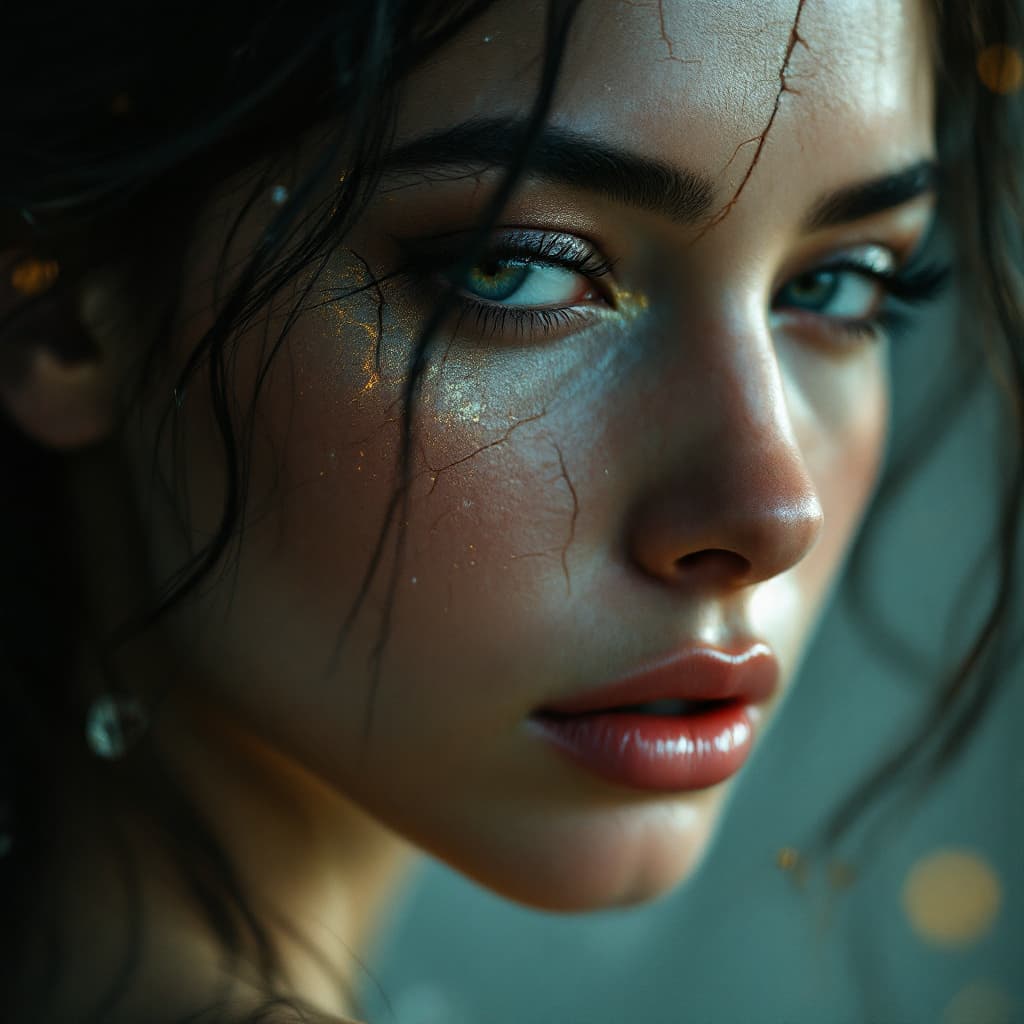 AI generated:     A hyper-realistic, cinematic portrait of a woman, in the artistic style of Martin Ansin, combini...