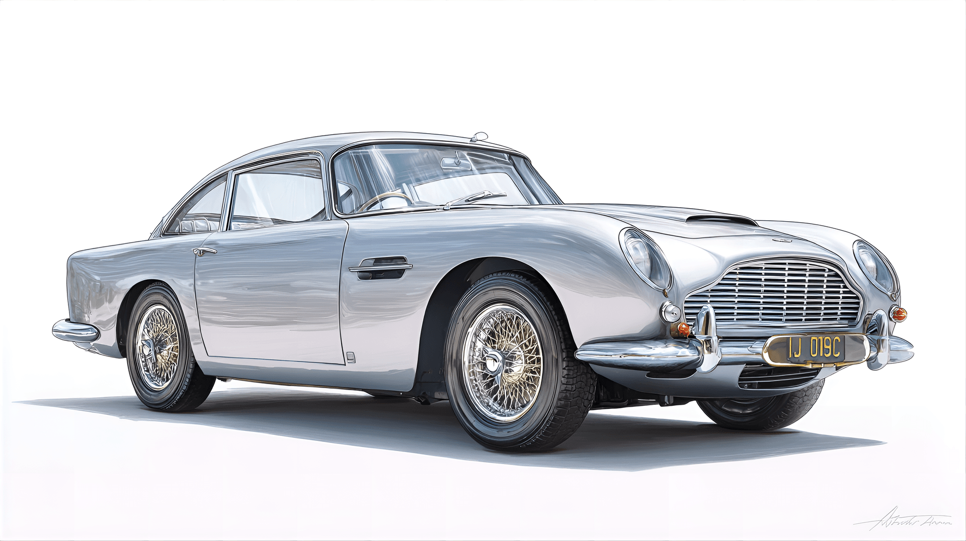 AI generated: beautifully rendered 1964 Aston Martin DB5, featuring its sleek British sports car design,
wire whe...