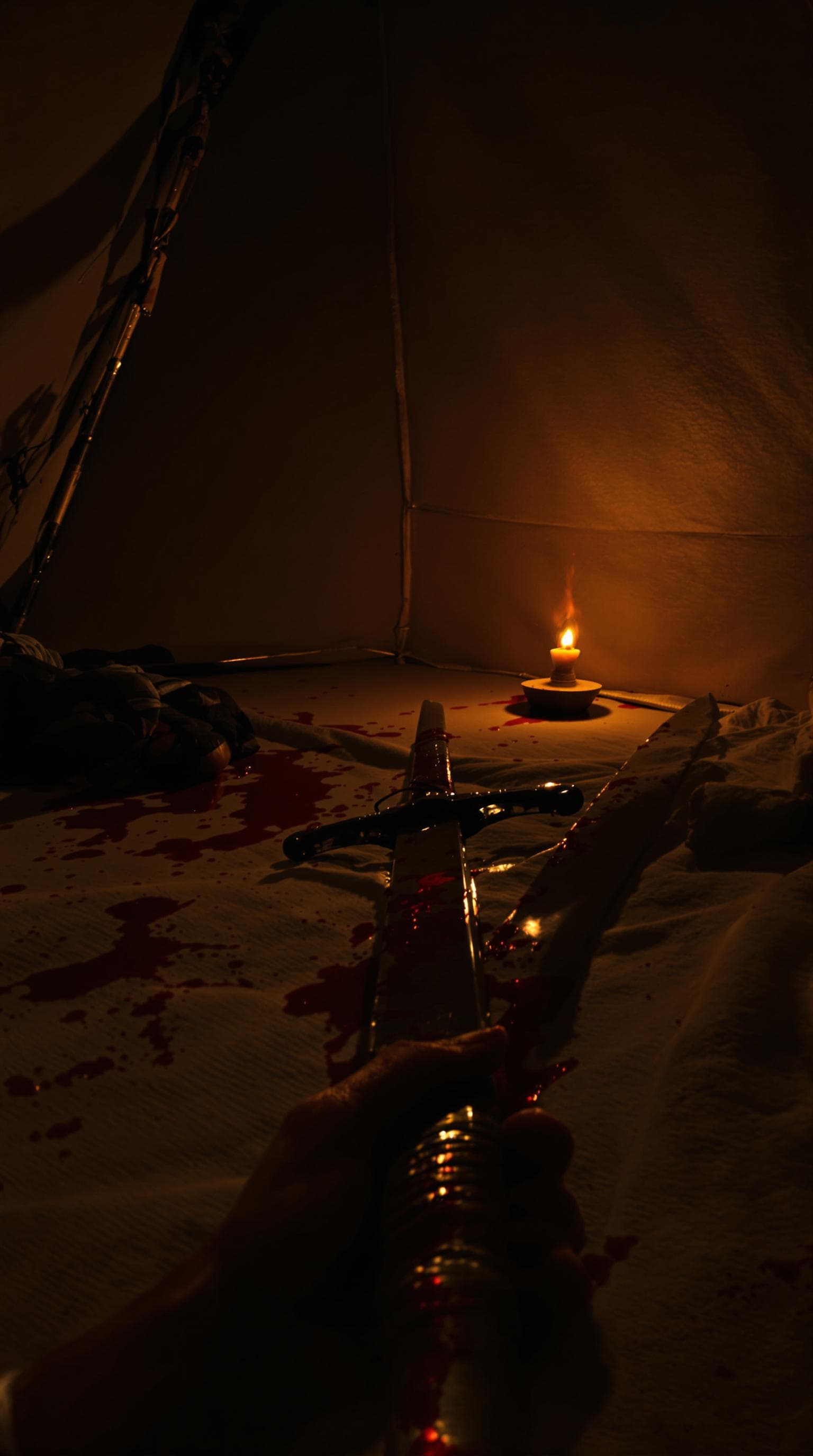 AI generated: First-person POV  , I am lying on the ground, my gaze fixed from this low angle. The canvas walls of...