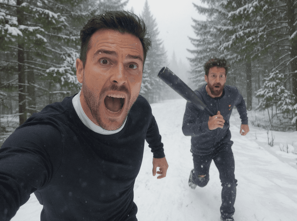AI generated: A hyper-realistic action selfie scene from Cristiano Ronaldo’s POV as he and Lionel Messi are runnin...