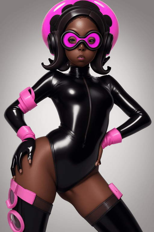 AI generated: octoling, hypnotize, dark skin, latex, leotard, female, visor, exposed leg, Splatoon, goggles