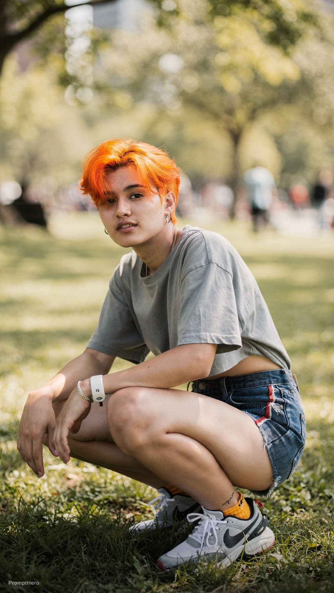 AI generated: "An artistic composition featuring a person with orange hair casually squatting in a park, capturing...