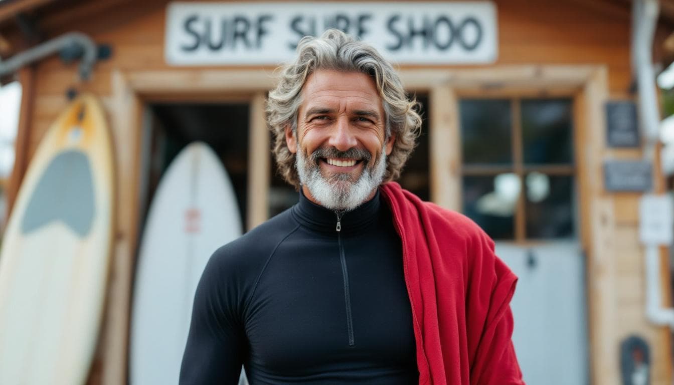 AI generated: A surf school owner, that is a 40 year old surfer, in front of his surf school.