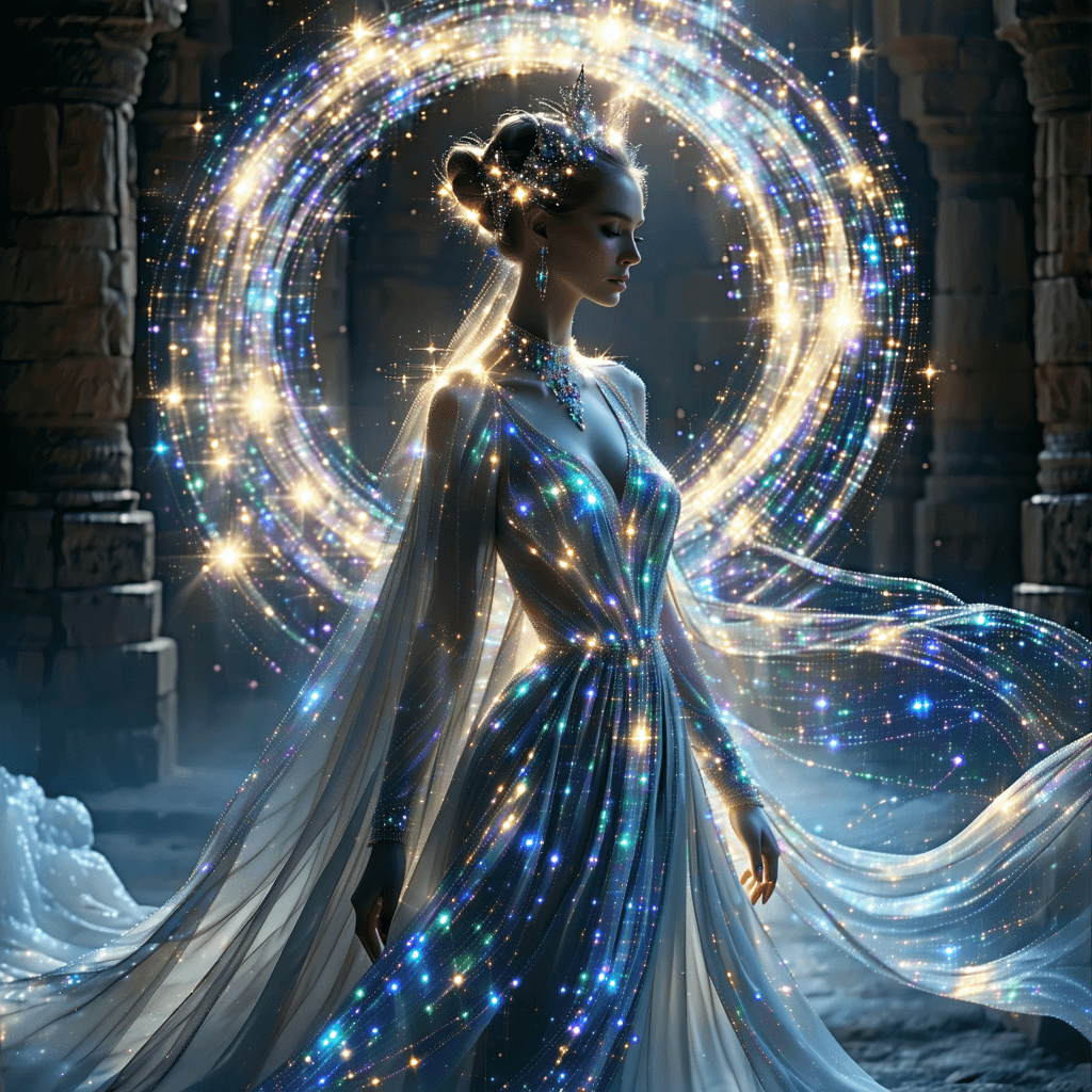 AI generated: A regal celestial herald, her form seeming to glow with a radiant light, wearing a shifting gown wov...